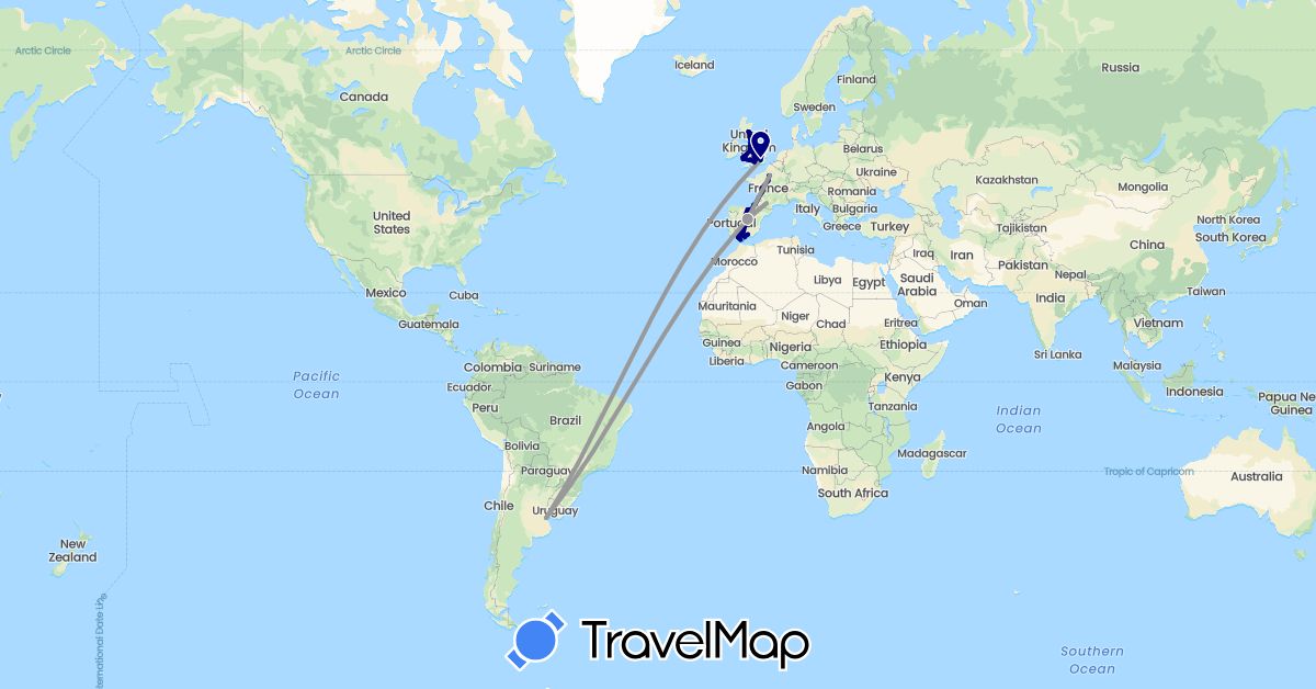 TravelMap itinerary: driving, bus, plane, boat in Argentina, Spain, France, United Kingdom (Europe, South America)